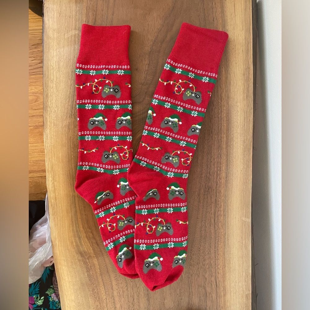 Red gamer Christmas long socks Christmas lights video game controller